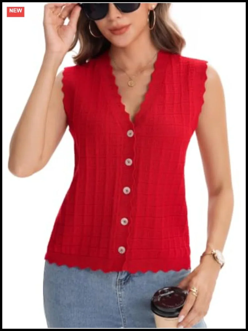 Women's Scallop Edge Waffle Knit Sweater Vest Button Front Sleeveless Cardigan